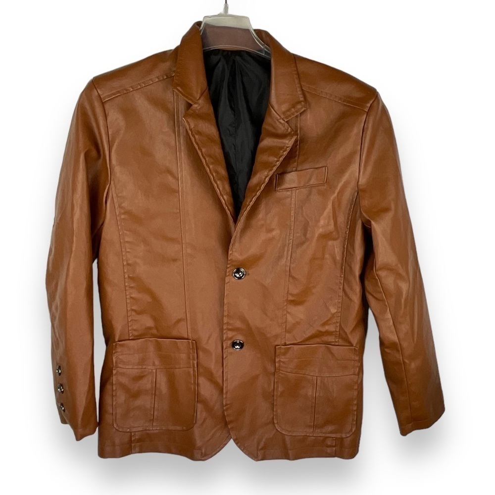 Men’s Faux Leather Blazer‎ Jacket Brown Vegan Single Breasted Casual Size S-M